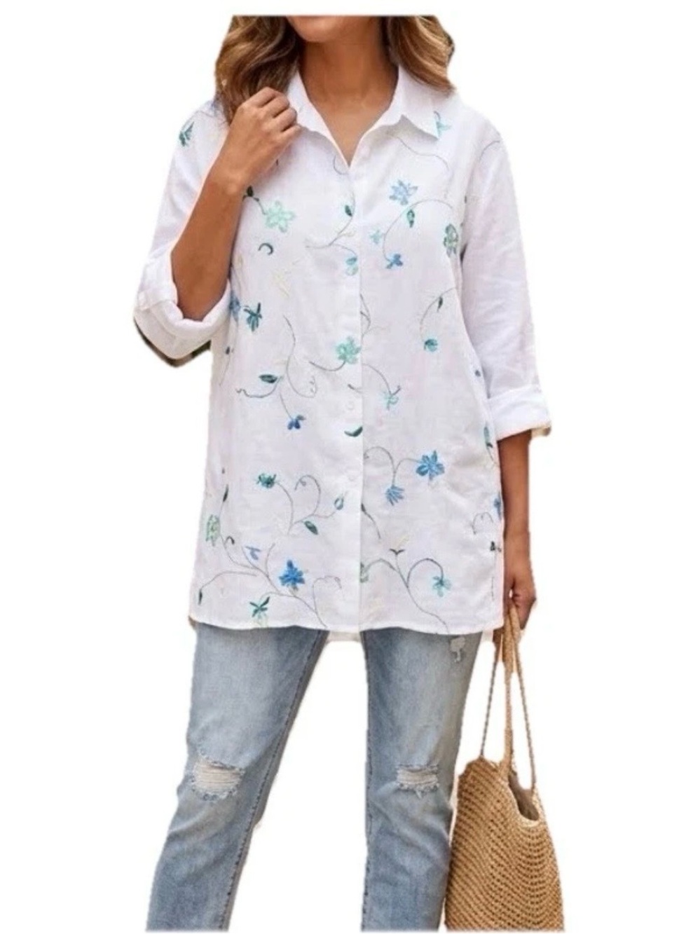 Allison Taylor Womens Size M 100%‎ Linen Top Embroidered Floral Long Sleeve